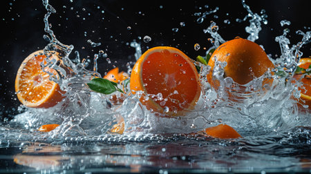 Dynamic capture of oranges splashing in water with droplets flying against a dark background, showing freshness and energy.の素材