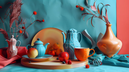 Vibrant arrangement of a colorful tea set, fruits, and flowers on a contrasting background, showcasing an artistic and decorative tabletop display.の素材