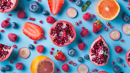 Flat lay of assorted fresh fruits and berries scattered on a blue background, featuring vibrant colors and a healthy, fresh appeal.の素材