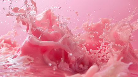 Dynamic capture of pink liquid splashing with water droplets suspended in mid-air, ideal for themes related to freshness, vibrancy, and dynamic energy.の素材