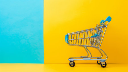 Minimalist image of a shopping cart against a split yellow and blue background. The vibrant colors and clean lines make it perfect for retail and shopping-related themes.の素材