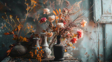 Artistic floral arrangement featuring dried flowers in vintage vases, set against a textured background, creating a rustic and nostalgic atmosphere.の素材