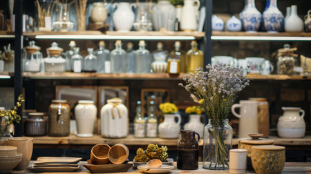 An eclectic collection of ceramic and glass items displayed in a store. The mix of textures and styles creates an intriguing and visually rich scene.の素材