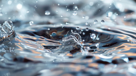 Close-up of water droplets creating ripples on the surface. The sharp detail and reflective properties capture the essence of liquid motion.の素材