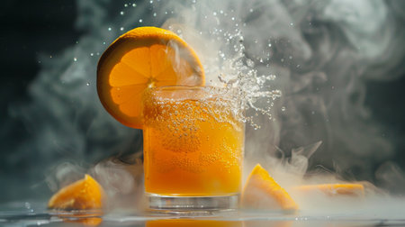 A slice of orange splashing into a glass of juice, creating a refreshing and dynamic scene with a misty background.の素材