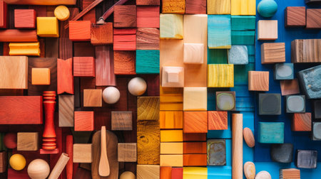 An assortment of colorful wooden blocks arranged in intricate patterns, showcasing various shapes and textures, creating a playful and artistic scene.の素材