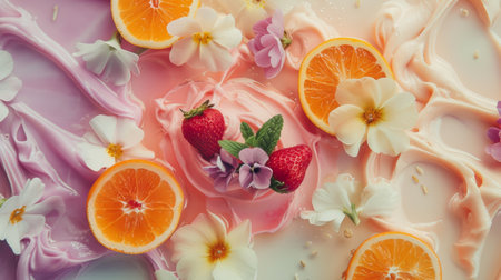 Fresh oranges and flowers beautifully arranged in a creamy swirl, creating a visually appealing and delightful composition.の素材