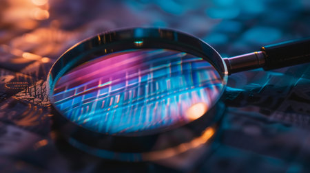 A close-up of a magnifying glass reflecting a colorful abstract background, creating a visually engaging and vibrant composition.の素材