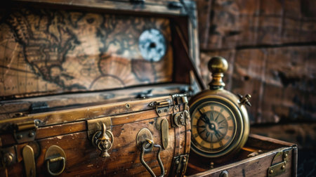 An antique map, vintage pocket watch, and a treasure chest filled with old items, evoking a sense of history and adventure with a nostalgic touch.の素材