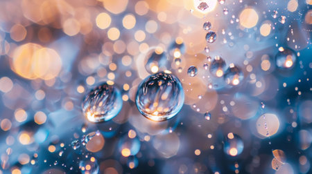 Close-up of water droplets with a beautiful bokeh effect in the background. The shimmering droplets and soft lighting create a dreamy and mesmerizing visual.の素材