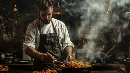 Chef cooking with intense focus in a smoky kitchen. The dramatic lighting and steam create a captivating and intense atmosphere, perfect for culinary and professional cooking themes.の素材