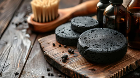 Natural black soap and grooming essentials arranged on a wooden board, emphasizing a rustic and organic personal care setup.の素材