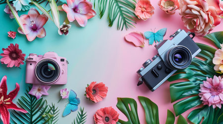 Two vintage cameras placed against a floral background, creating a nostalgic and artistic composition with pastel colors and delicate flowers.の素材