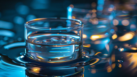 Close-up of a glass of water with colorful reflections on a dark surface, creating a captivating and abstract visual effect.の素材