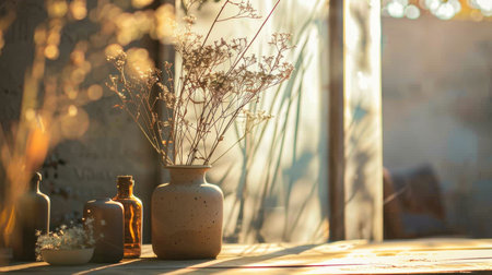 A vase with dried flowers bathed in warm sunlight, creating a serene and nostalgic ambiance with soft, golden hues.の素材