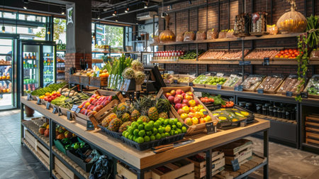 A well-organized display of fresh produce in a modern grocery store, featuring a variety of colorful fruits and vegetables on wooden shelves and crates.の素材