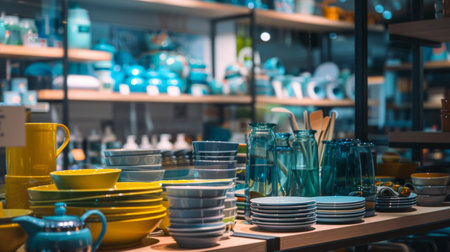 A variety of colorful kitchenware items on display in a store, showcasing plates, bowls, and utensils in vibrant hues.の素材