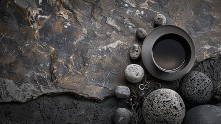 A zen composition featuring smooth stones and a black coffee cup on a textured dark surface, creating a minimalist and calming visual.の素材