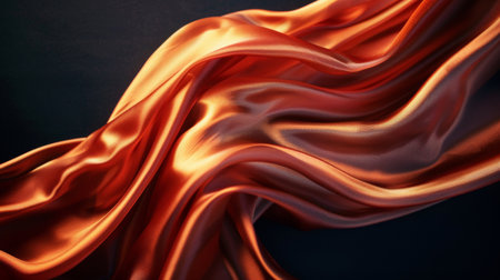 A close-up shot of luxurious orange silk fabric with flowing folds, highlighting its smooth texture and rich color.の素材