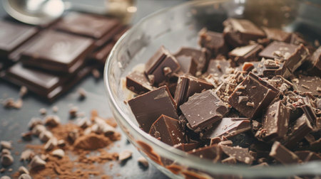 Chunks of rich dark chocolate in a glass bowl, surrounded by cocoa powder and chocolate shaves.の素材