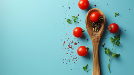 A wooden spoon holding cherry tomatoes and herbs, arranged on a light blue background, creating a fresh and vibrant culinary scene.の素材