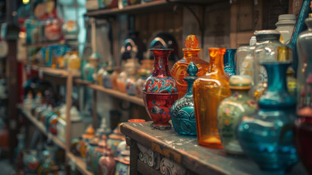 A variety of colorful glass vases arranged on shelves in a shop, showcasing vibrant hues and intricate designs. Perfect for themes of craftsmanship, art, and interior decor.の素材