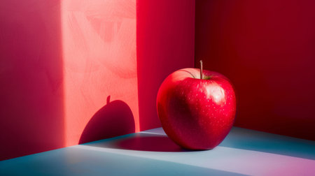 Single red apple with dramatic lighting and shadow, highlighting the vibrant color and glossy texture in a minimalistic setting.の素材