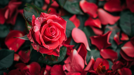 Close-up of a beautiful single red rose surrounded by scattered rose petals. The rich red tones and intricate details of the petals create a romantic and elegant atmosphere.の素材