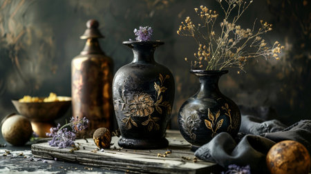 Pair of elegant antique vases decorated with intricate designs, filled with dried flowers, set against a dark and moody background, creating a timeless still life.の素材
