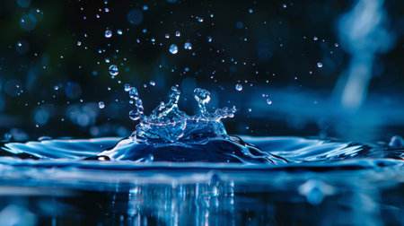 A close-up of a water droplet splash creating ripples and small droplets on a blue water surface, captured with high-speed photography, showing motion and fluid dynamics.の素材