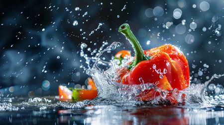 A red bell pepper splashing in water with bokeh lights in the background, capturing a dynamic and fresh scene. Perfect for themes of freshness, food, and cooking.の素材