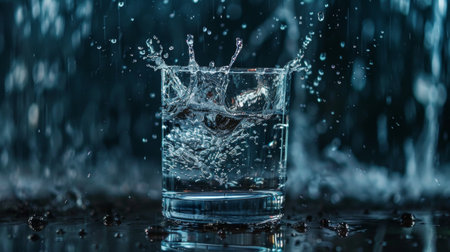 Glass of water with ice splash in a dark environment, capturing the dynamic movement and refreshing essence. Ideal for beverages, freshness, and water-related themes.の素材
