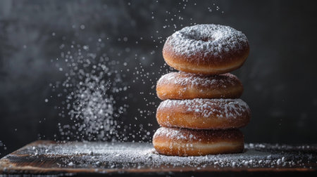 A stack of powdered sugar donuts with sugar falling around them, creating a dynamic and sweet atmosphere, emphasizing the delicious texture and sugary coating.の素材