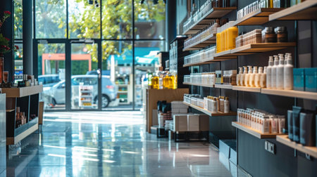 Modern beauty products neatly arranged on shelves in a store, showcasing a wide range of skincare and haircare items in a clean and stylish retail environment.の素材