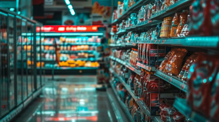 A supermarket aisle with shelves stocked with various products, capturing the busy and organized environment of a grocery store.の素材