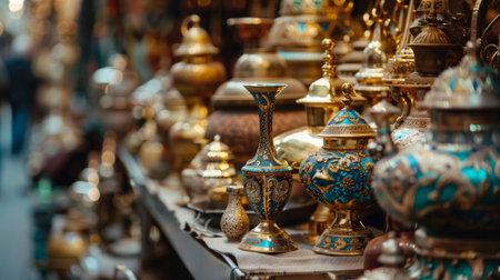 A collection of intricate brassware displayed at a traditional market stall. The detailed craftsmanship and vibrant colors capture the essence of cultural heritage and artistry.の素材