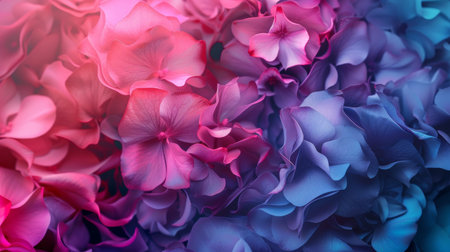 A close-up of vibrant hydrangea flowers showcasing a blend of pink and purple tones. The soft focus and detailed petals create a dreamy and romantic atmosphere, perfect for floral-themed designs.の素材