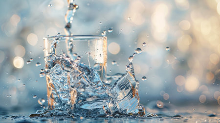 A dynamic image capturing a refreshing splash of water as it hits a glass, with soft bokeh lights in the background. The motion and clarity of the water droplets emphasize freshness and vitality.の素材