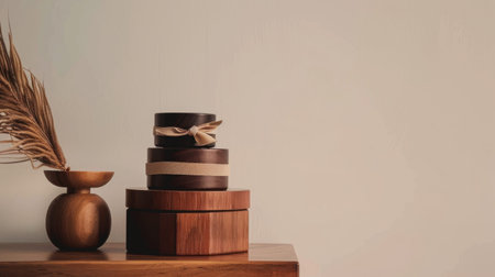 A minimalist interior featuring stacked wooden boxes and a decorative vase with a dried plant. The neutral tones and simple composition convey a sense of calm and understated elegance.の素材