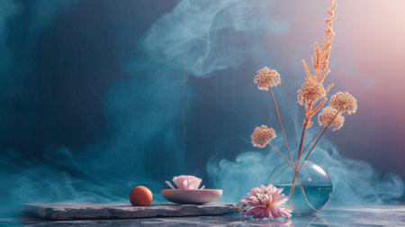 A minimalist floral arrangement featuring delicate flowers and dried botanicals, accompanied by a soft smoke effect in the background. The image captures a serene and artistic atmosphere, ideal for themes related to minimalism, art, and tranquility.の素材