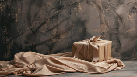 A beautifully wrapped luxury gift box with a satin ribbon, set on a smooth, silky fabric background. The elegant and refined presentation is ideal for themes related to gifts, celebrations, and luxury items.の素材