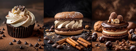 A selection of chocolate desserts including cupcakes and macarons, topped with cream and nuts, arranged on a dark textured background. The rich and indulgent scene is perfect for themes related to desserts, confectionery, and gourmet food.の素材