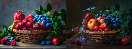Baskets filled with fresh fruits and berries including strawberries, blueberries, and apples, placed in a rustic setting. The warm and natural composition is perfect for themes related to fresh produce, healthy eating, and farm-to-table concepts.の素材