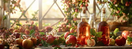 Bottles of homemade apple cider surrounded by fresh fruits, set in a sunlit orchard. The warm and rustic setting captures the essence of autumn harvest and traditional crafts, ideal for promoting artisanal beverages and farm products.の素材