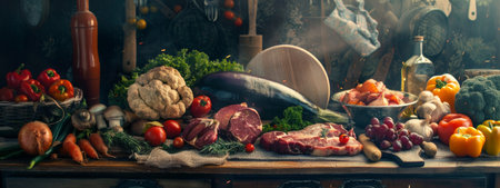 A lavish display of fresh vegetables, cuts of meat, and an assortment of herbs, set in a rustic kitchen. The rich and hearty composition is perfect for promoting farm-to-table dining, culinary arts, or organic food campaigns.の素材