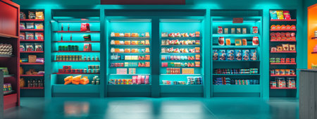A brightly lit supermarket aisle featuring shelves filled with a variety of colorful packaged goods, ranging from snacks to condiments, arranged neatly for display.の素材