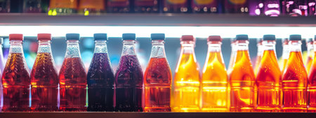 A row of vibrant beverage bottles displayed on a lit shelf, with the light highlighting the colors and textures of the liquids. This image is perfect for themes related to drinks, refreshments, and product displays in a modern retail setting.の素材