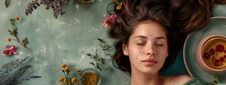 A tranquil spa scene featuring a woman with her eyes closed, surrounded by natural elements like flowers and herbs, creating a serene atmosphere perfect for relaxation and wellness.の素材