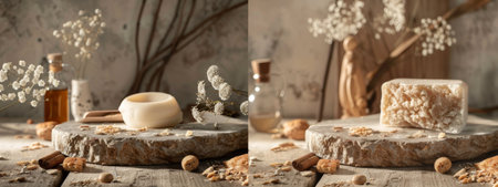 A cozy and rustic spa setting featuring natural soap, essential oils, and dried flowers arranged on a wooden surface. The warm tones and earthy textures create a calming atmosphere, ideal for themes related to relaxation, wellness, and natural skincare.の素材