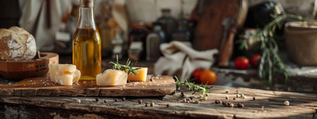 A rustic kitchen setup featuring a bottle of olive oil, pieces of cheese, and sprigs of rosemary on a wooden board, surrounded by bread, spices, and fresh vegetables.の素材